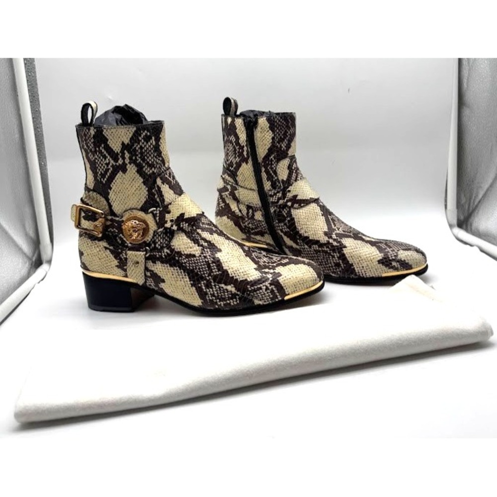 Versace Python Snakeskin Medusa Gold Buckle Ankle Boots 40.5 Italy $1325